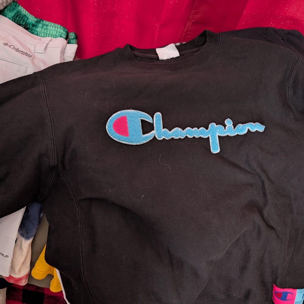 Champion Mens Black Sweatshirt with Blue and Pink Logo